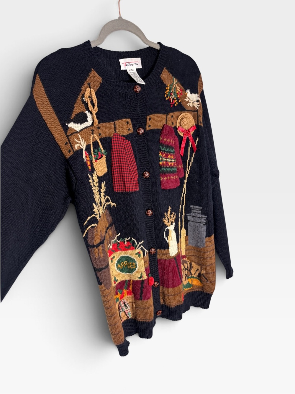 Vintage 90s Talbots Fall Cardigan Sweater Embroidered Small Apple Autumn Leaves